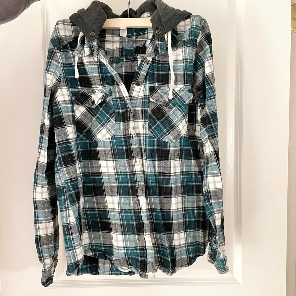 Teal plaid button up with removable hood